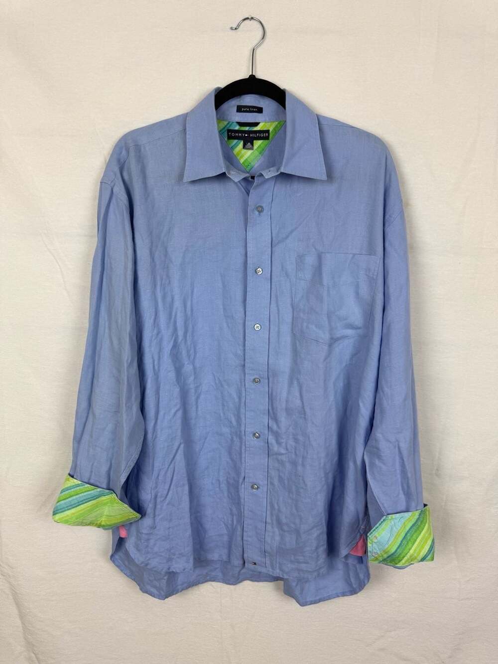 Tommy Hilfiger Pure Linen Long Sleeve Button Down Shirt Size L Blue